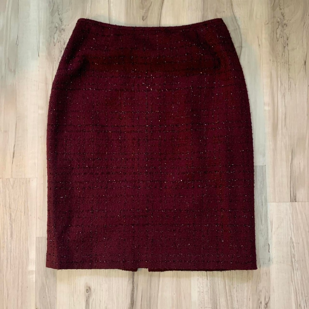 Focus 2000 Burgundy Tweed Glitter Pencil Skirt Size 6 Red Silver Sparkle